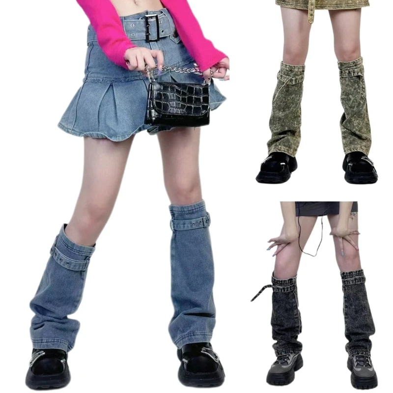 Y2K Girls Denims Leg Warmers Bandage Flared Leg Cover Sleeves Women Casual Gothic Baggy Cuffs Ankle Heaped Socks Streetwear