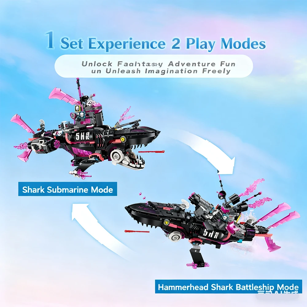 Serie creativa, 1413 Uds., modelo submarino de tiburón, bloques de construcción, juguetes educativos de montaje para niños, regalos de cumpleaños y Navidad