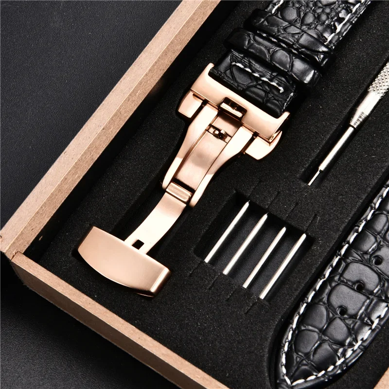 Crocodile Pattern Leather Watch Strap for Men Women Watch Band with Box Butterfly Deployment Clasp 18mm 20mm 22mm 24mm Straps