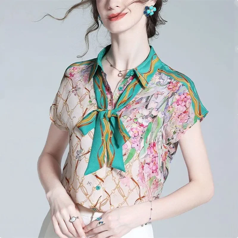 

Women's Floral Print Bow Tie Neck Blouse Short Sleeve Contrast Collar Chiffon Shirt Elegant Summer Top