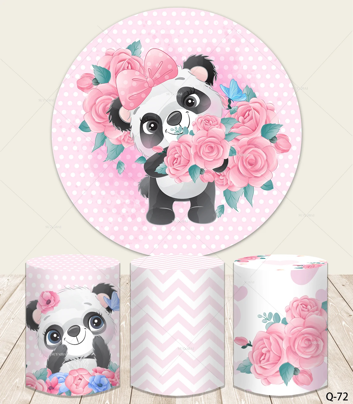 

Baby Shower Round Backdrop Cover Pink Girl Birthday Party Decoration Cute Panda Flower Theme Cake Table Banner Circle Background