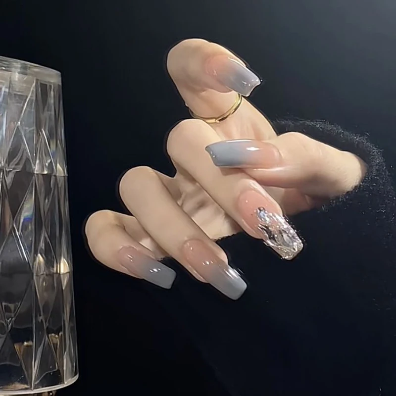 Imprensa Falsa Francesa Artesanal Em Unhas Com Strass, Unhas Postiças Cinzentas, Decoração De Manicuree De Bailarina Cobertura Completa, Unhas Artificiais Vestíveis