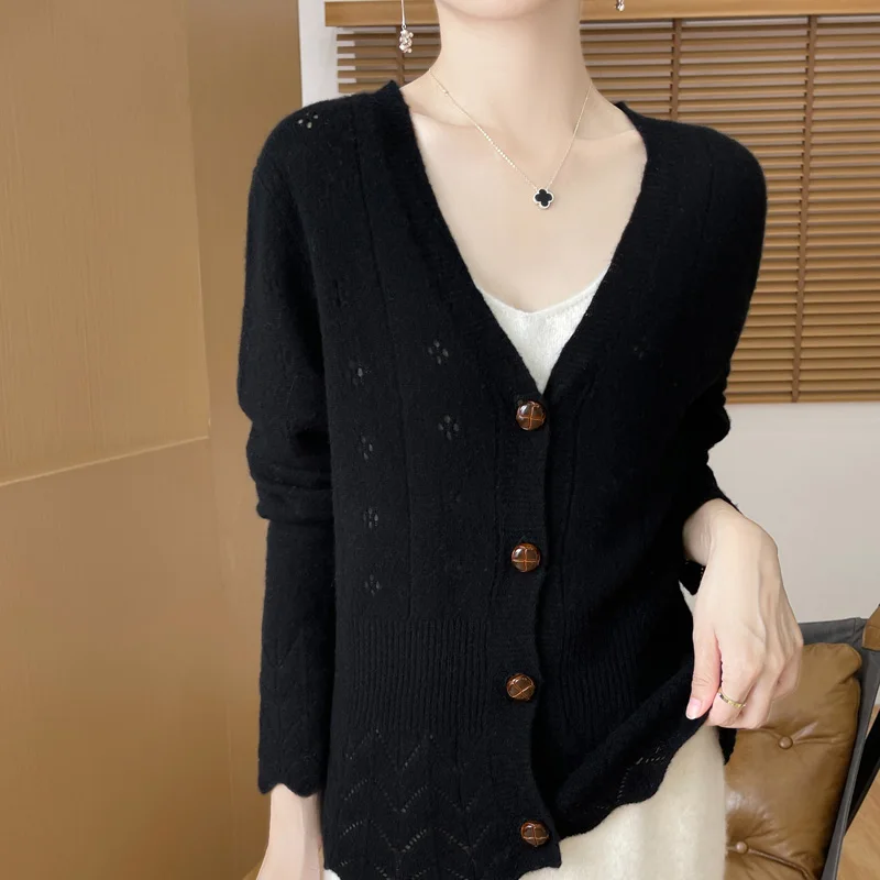 Spring and Autumn New Women's Clothing 100% Merino Wool V-neck Knitted Cardigan Fashionable Threaded Hollow Long Sleeve Tops