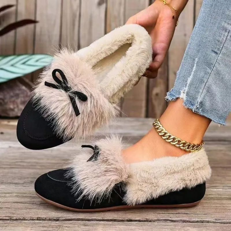 Women's Autumn Winter Thickened Plush Bean Shoes Flat Bottom Bow Tie Simple Versatile Lazy Women's Shoes Cross-Border