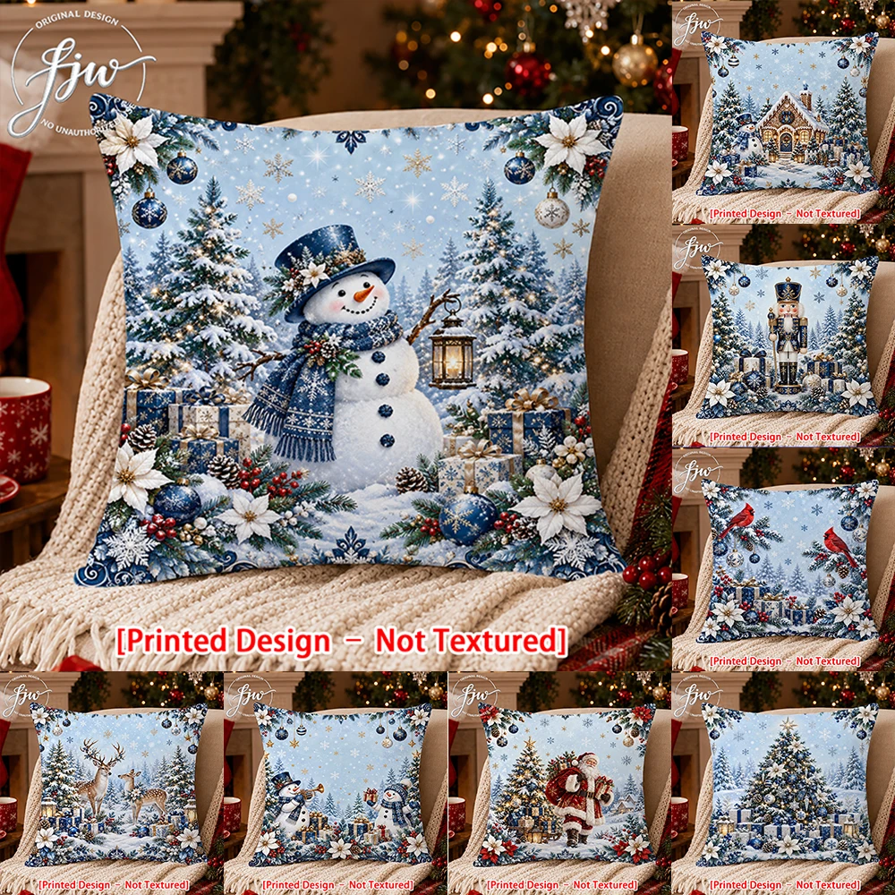 1pc Winter Christmas Snowman Throw Pillow Covers, Festive Blue Winter Wonderland Cushion Cases for Sofa Decor