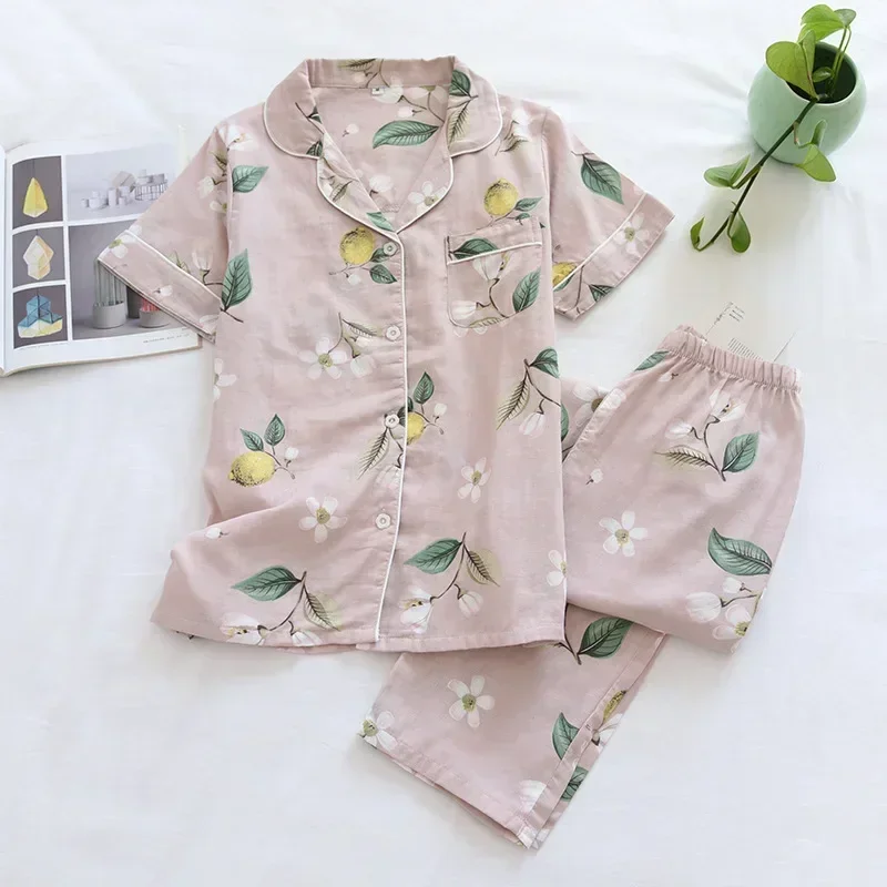 2024 new spring and summer pajamas two-piece 100% cotton gauze women\'s short-sleeved trousers home service suit cute and thin