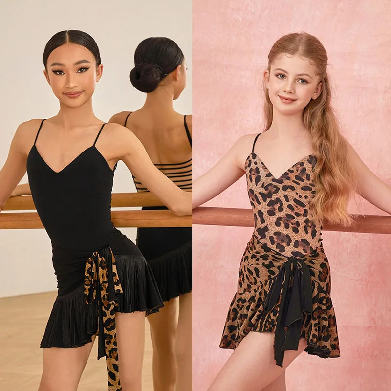 

Детская одежда для латинских танцев ZYM Dancewear, черный леопардовый боди-костюм, юбка с бахромой и шнуровкой, одежда для занятий танцами ча-ча-румба, SS2240