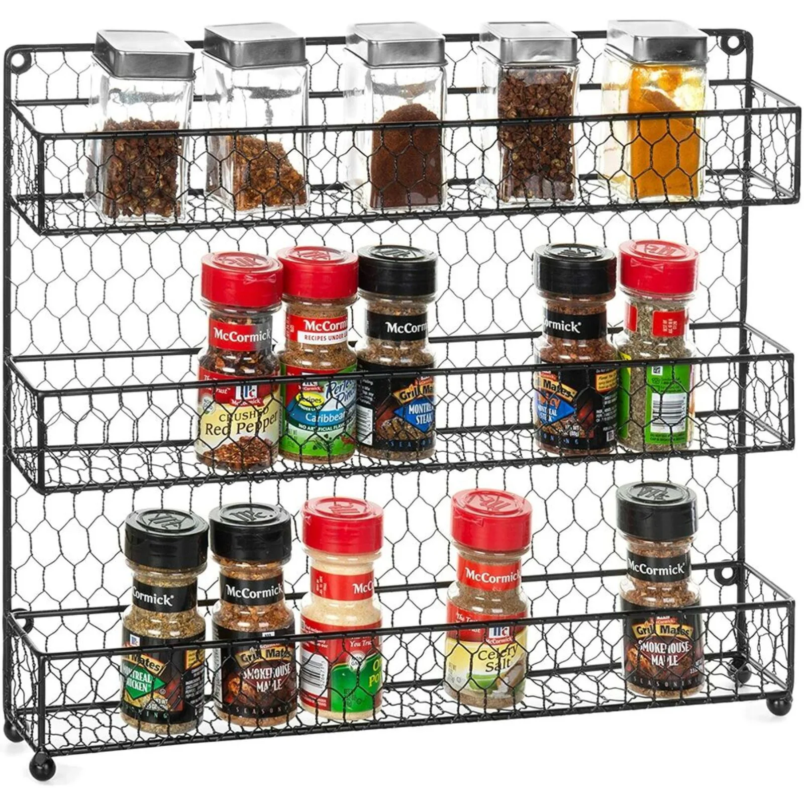 

3-Tier Country Rustic Black Chicken Wire Wall-Mounted Spice Rack Storage Shelves United States