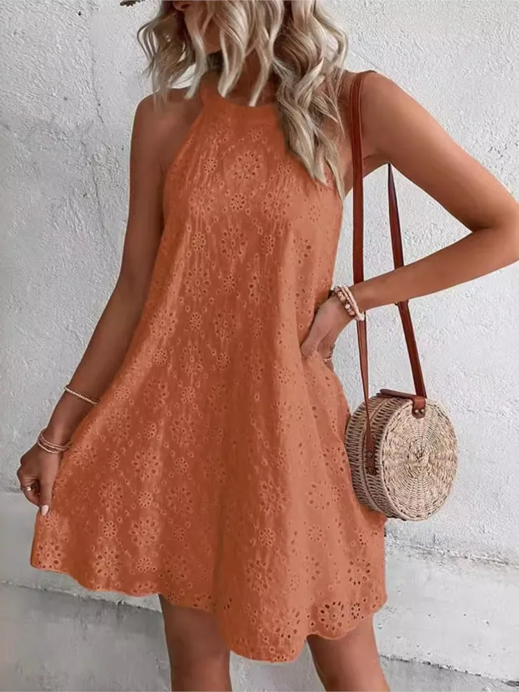

Summer New Women's Lace Solid Color Casual Sleeveless Dress Fresh Sweet Fashion Round Neck Button Halter Neck Dresses