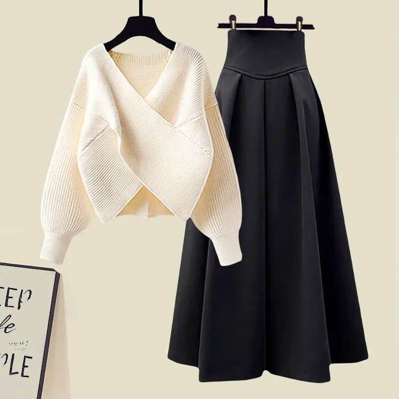 Large Size Women's Spring Suit Women's 2023 New Cover Slim Sweater and Long Skirt Two-piece Set