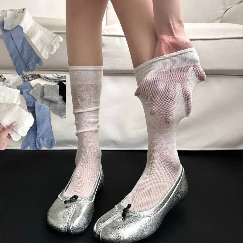 New Summer Thin Tabi Socks Women Cotton Long Toe-separated Sock Sheer Mesh Non-Slip Cuff Seamless 2 Toe Stacked Socks 1/4/7 pair