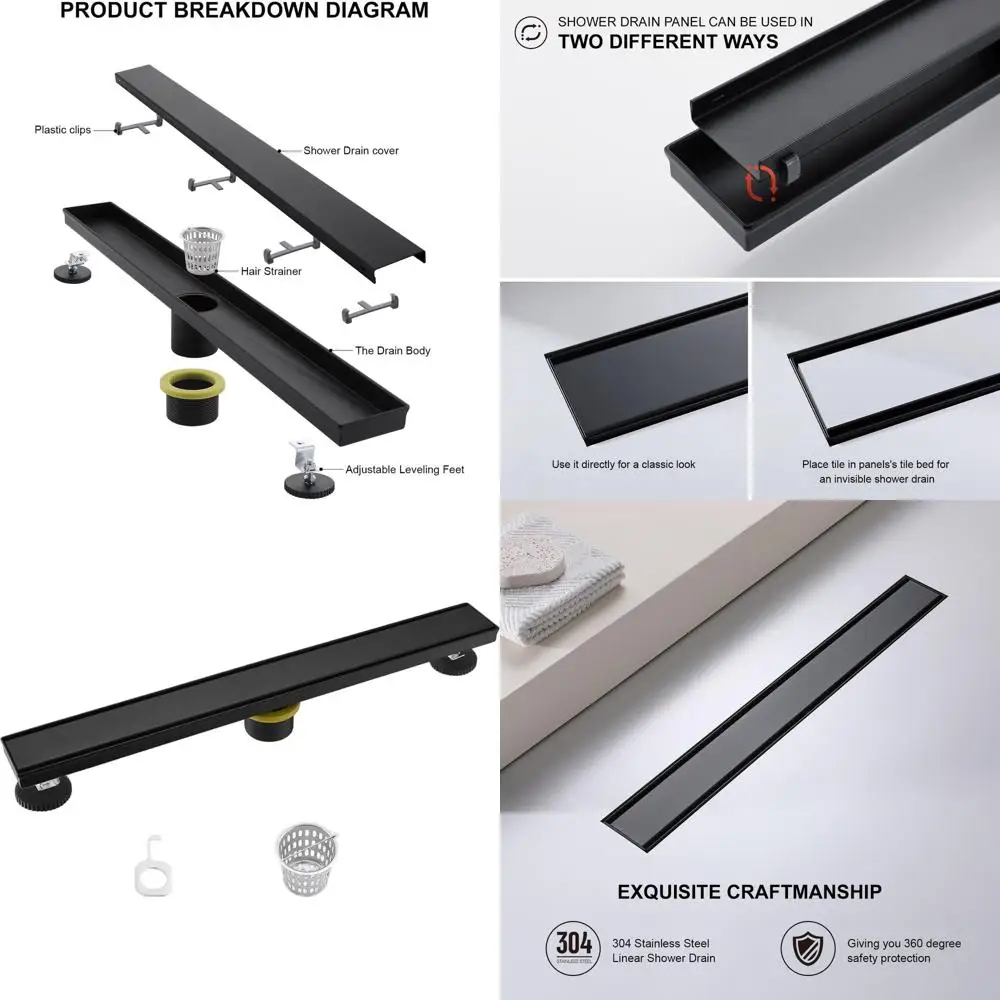 

24-Inch Rectangular Matte Black Shower Drain with Tile Insert and Hair Strainer