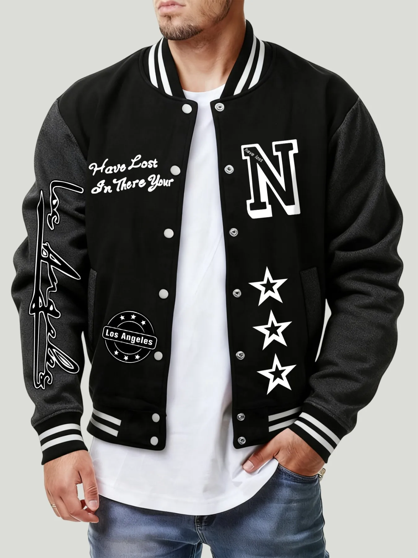 

Have Lost In There Your Star Prints Jacket Male Fashion Hip Hop Baseball Jersey Soft Fleece Coat Casual Loose Street Top