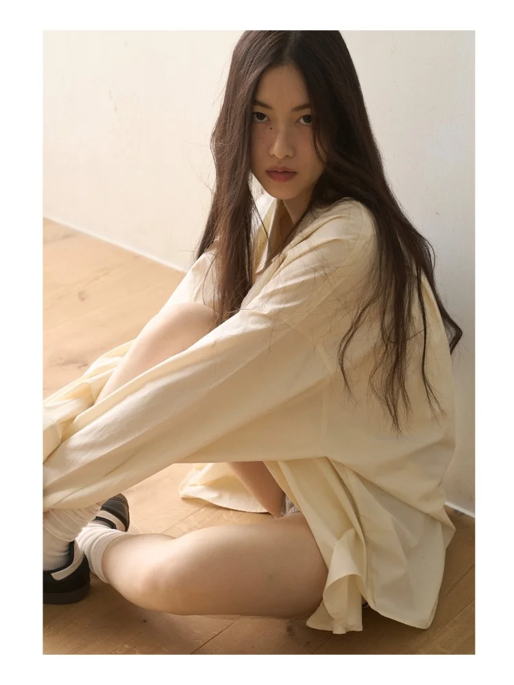 

Loose Long Sleeve Cream Yellow Shirt Juadvent Fashionable Draped Silhouette Cotton Modal Blend Commute Style Summer Shirt
