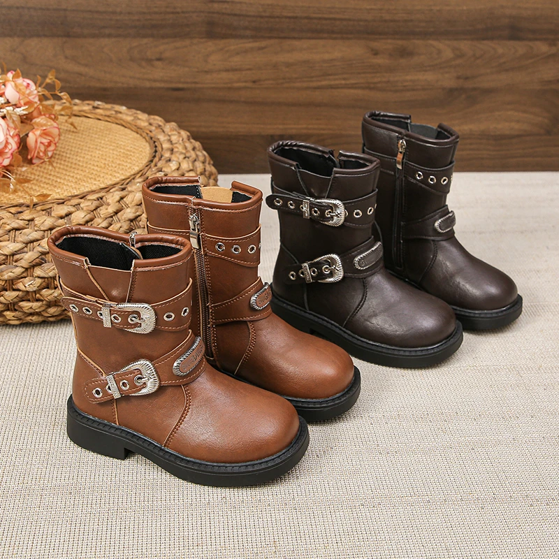 

Autumn And Winter Children Boots Brown Retro Knight Boots European Motorcycle Boots Thick Heel Thick Sole Buckle Riding Shoes