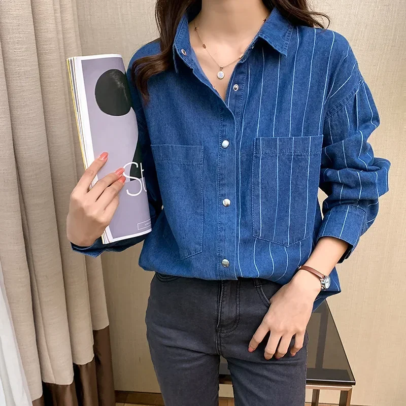 Denim Shirts for Women Blouse Striped Washed Outerwear 2025 Jackets Pockets Lapel Single Breasted Casual Female Overshirt Tops