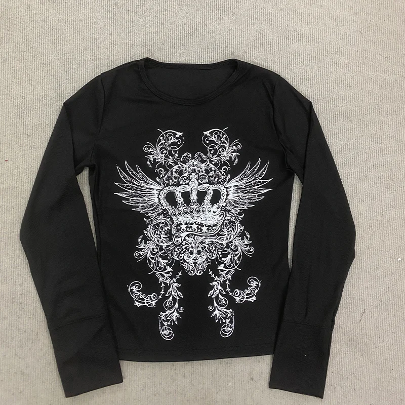 Crown wing print ribbed INS long sleeved top 2026 women's black slim fit Gothic Y2K dark street style T-shirt - view 6