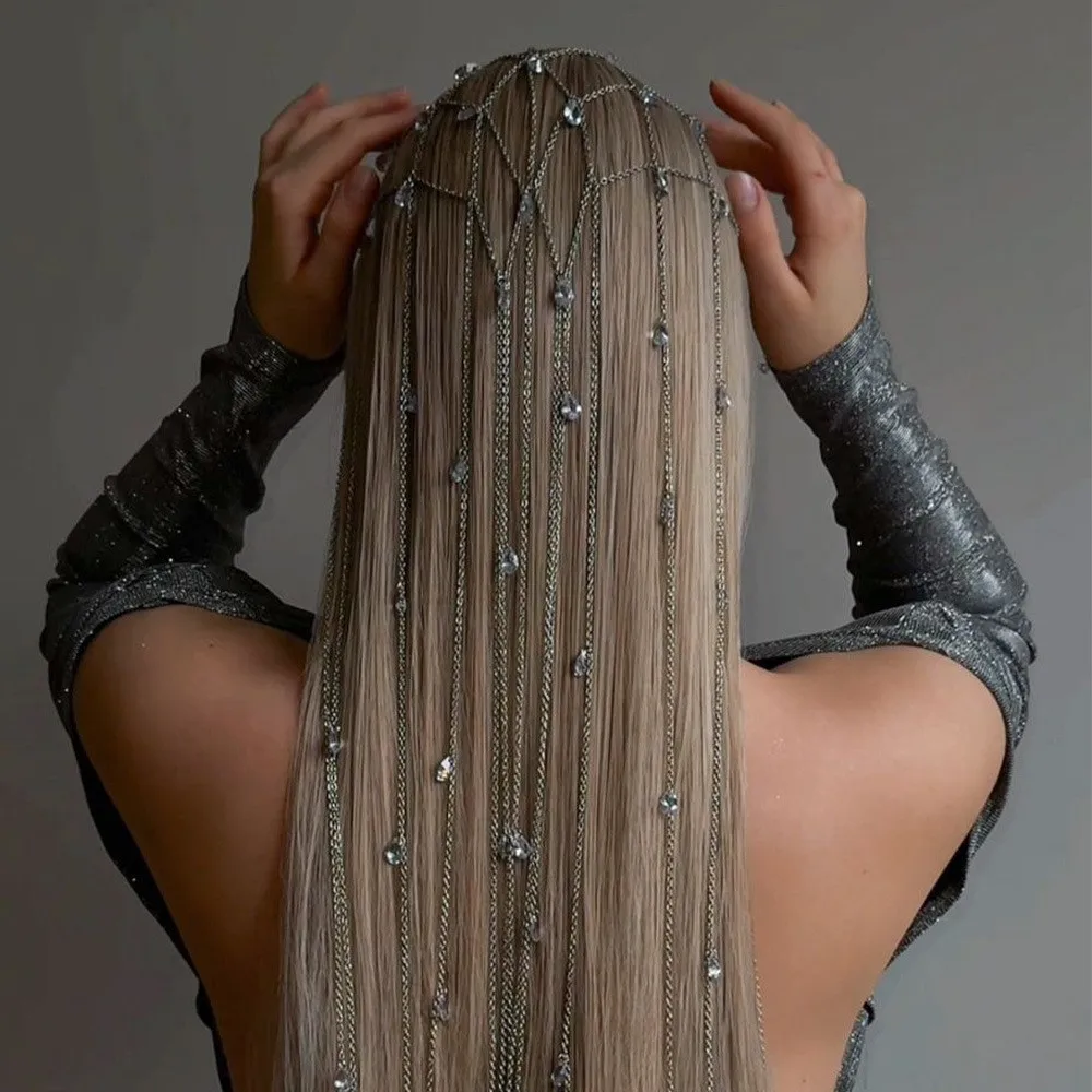 

Long Tassel Crystal Headband Chain Wedding Hair Decoration Boho Water Drop Bride Head Chain Jewelry for Women Gift