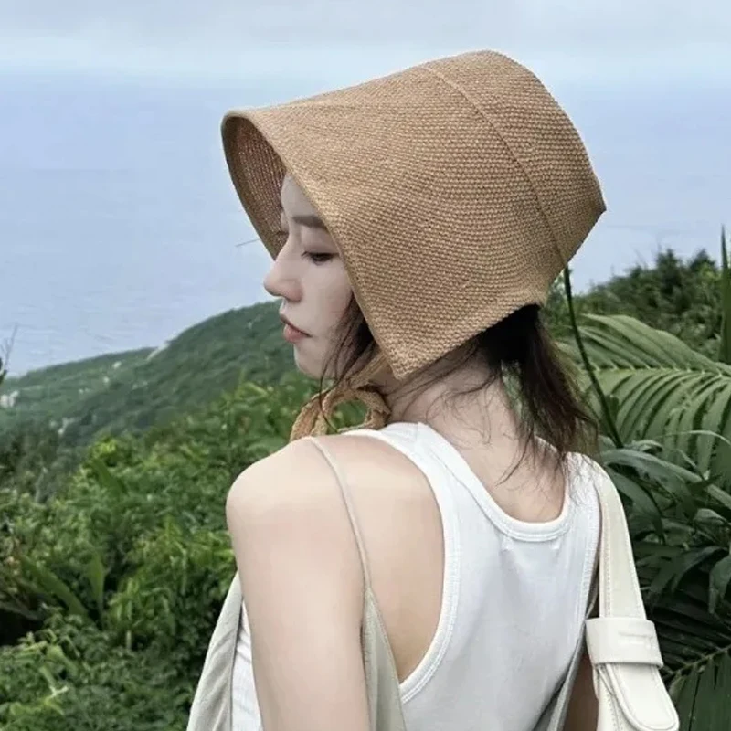 Retro Lace Up Bucket Hat Woman Cotton Linen Large Brim Sunshade Sun Hats Outdoor Cycling Sun Protection Visors Summer Beach Caps