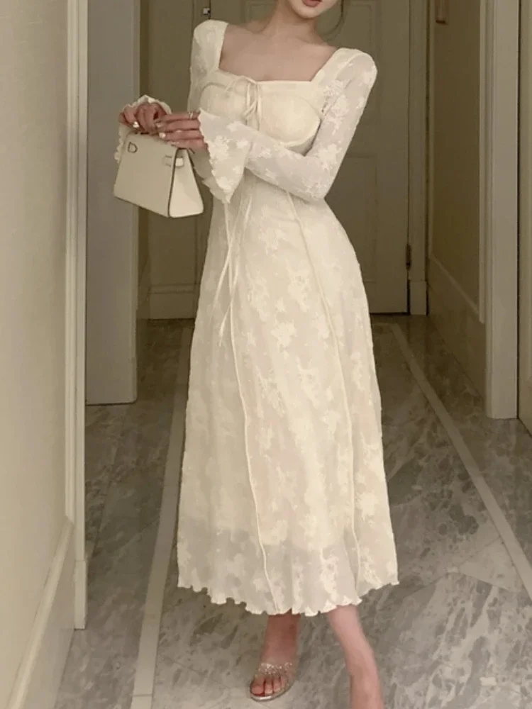 Women Fashion Elegant Casual Midi Dress Spring Vintage Chic A-Line Solid Party Birthday Vestidos Female Clothes Long Robe Mujers