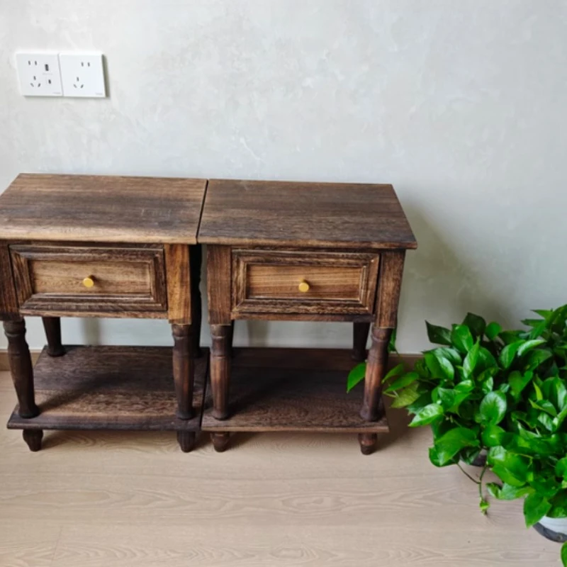 

Solid Wood Vintage Bedside Cabinet, French-Style Distressed Nightstand, Bedroom Side Storage Drawer,Home Storage Furniture