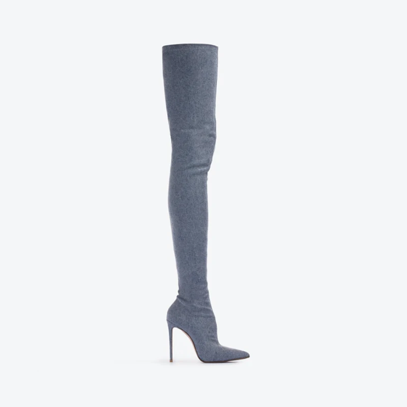 Arden Furtado 2024  blue denim Strech boots Thigh high boots Pointed toe Slip-on Stiletto heels high heel over the knee boots 41