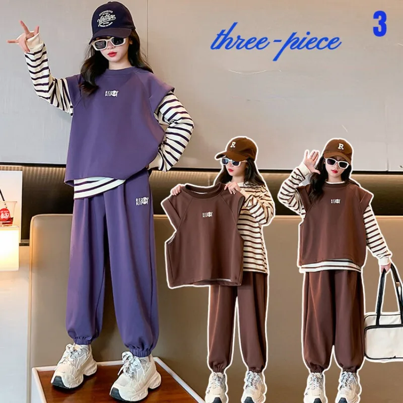 

Girls Autumn Clothing Set 2023 New Fashion Girls Student Vest + Sweatshirt + Pants Spring Three-piece Youth Clothing Set 6-16Y