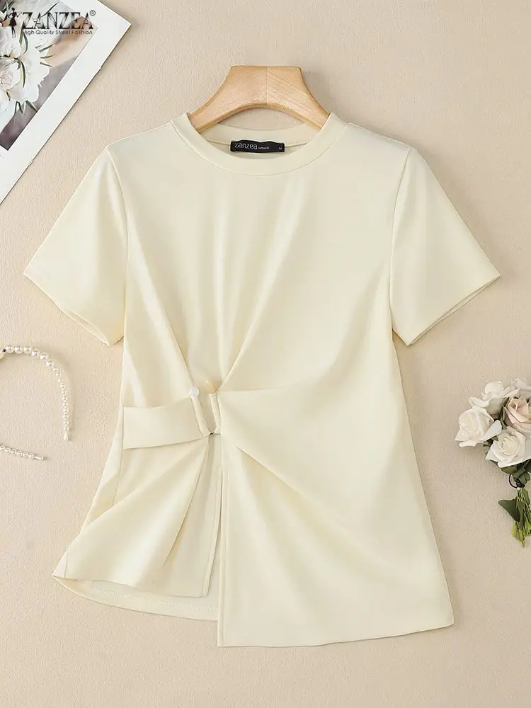 

Women's Elegant Chic Blouses ZANZEA Casual O-Neck Short Sleeve Cinched Waist Asymmetrical Hem Solid Color Tops 3 Colors S-3XL