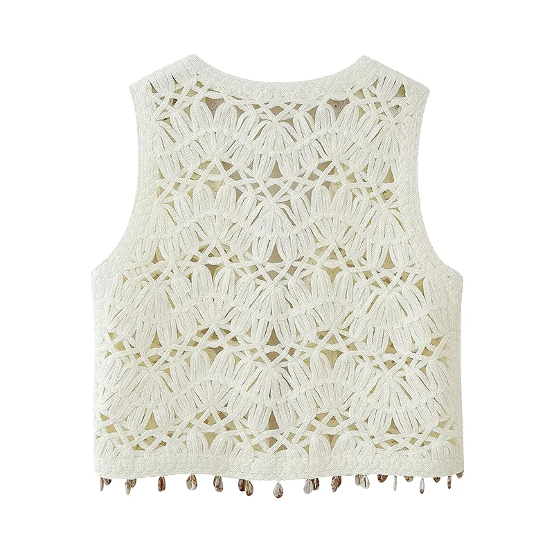 Summer 2025 Women's Knitted ell Decorated Open Front Vest ell aped Design Polyester Fiber 00% New Faion Trend