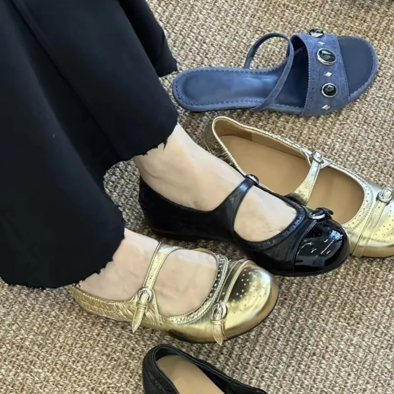 

Fashion Round Toe Shallow Mouth Slip Strap Non-Slip Low Top Shoes Vintage Metal Buckle Leather Mary Jane Single Shoes