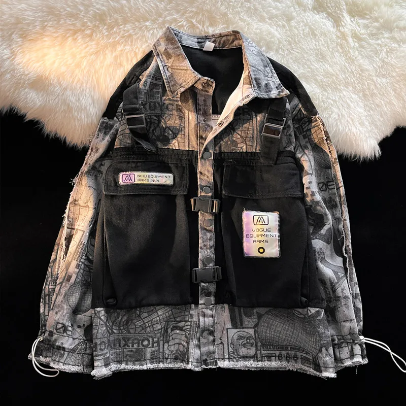 Fake Two-Piece Denim Jacket Men Hip Hop Patchwork Jeans Cargo Coat Male Spring Autumn Vintage Loose Casual Streetwear Outerwear