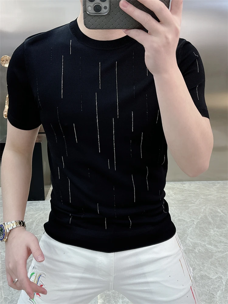 2025 Summer New Korean Ice Silk Short-sleeved Crew Neck T-shirt Men's Fashion Slim-fitting Versatile Hot Diamond Breathable Top