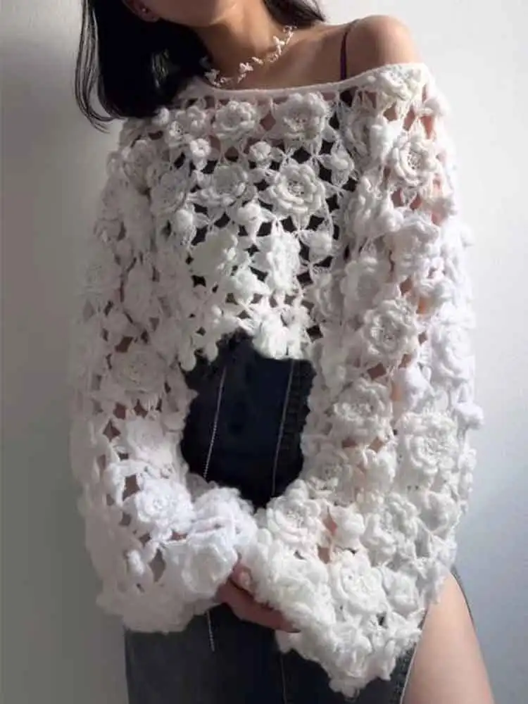 Chic White Floral Crochet Sweater Top Sexy Swimsuit Cover Up 2024 Women Lantern Long Sleeve Loose Knit Beach Mini Short Tops K35