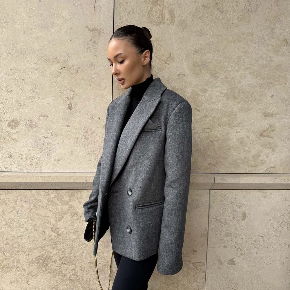 Gray Wool Blend Lapel Blazer Jacket Women Self Tie Belt Corset Coat Oversized Loose Fit Office Commuter Winter Outerwear 2026