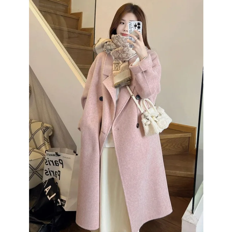 Women's Long Style Double Faced Velvet Coat Women 100% Pure Wool Jacket 2025 New Autumn Winter Single-Breasted Outerwear Female