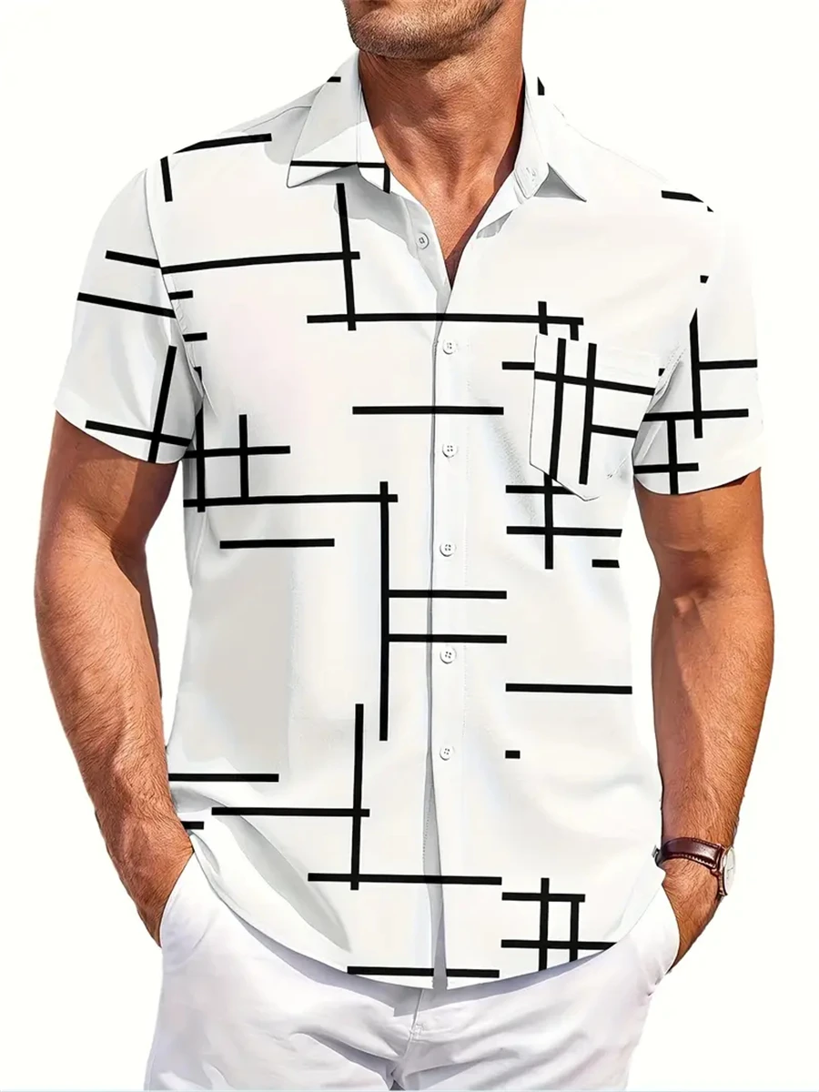 قميص صيفي للرجال مطبوع بأكمام قصيرة لقضاء العطلات الصيفية والسفر، مريح وخفيف وغير رسمي طية صدر السترة للرجال بمقاسات كاملة