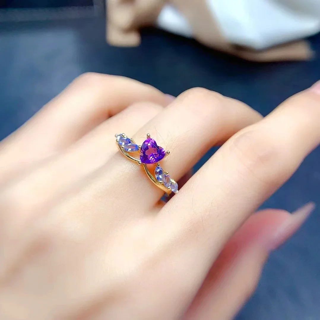 Natural Amethyst Ring with 2mm*4mm Natural Tanznaite Side Gemstone Romantic Heart Crystal 925 Silver Ring 18K Gold Plated 6mm
