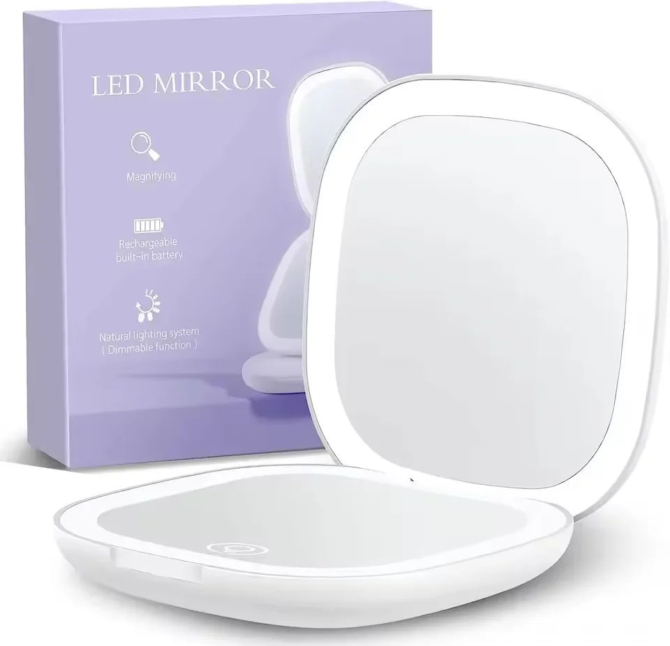 Portable LED Touch Control Makeup Mirror - Dual-Sided 3-Color Light, 5X Magnifying, Foldable & Rechargeable Travel Mirror