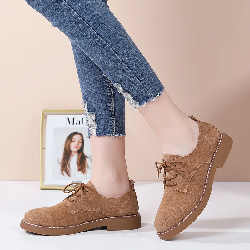 2023 Autumn Women Shoes Round Toe Suede Leather Shoes Lace Up Casual Flats Shoes Female Non slip Soft Sole Oxford Shoes WSH4640