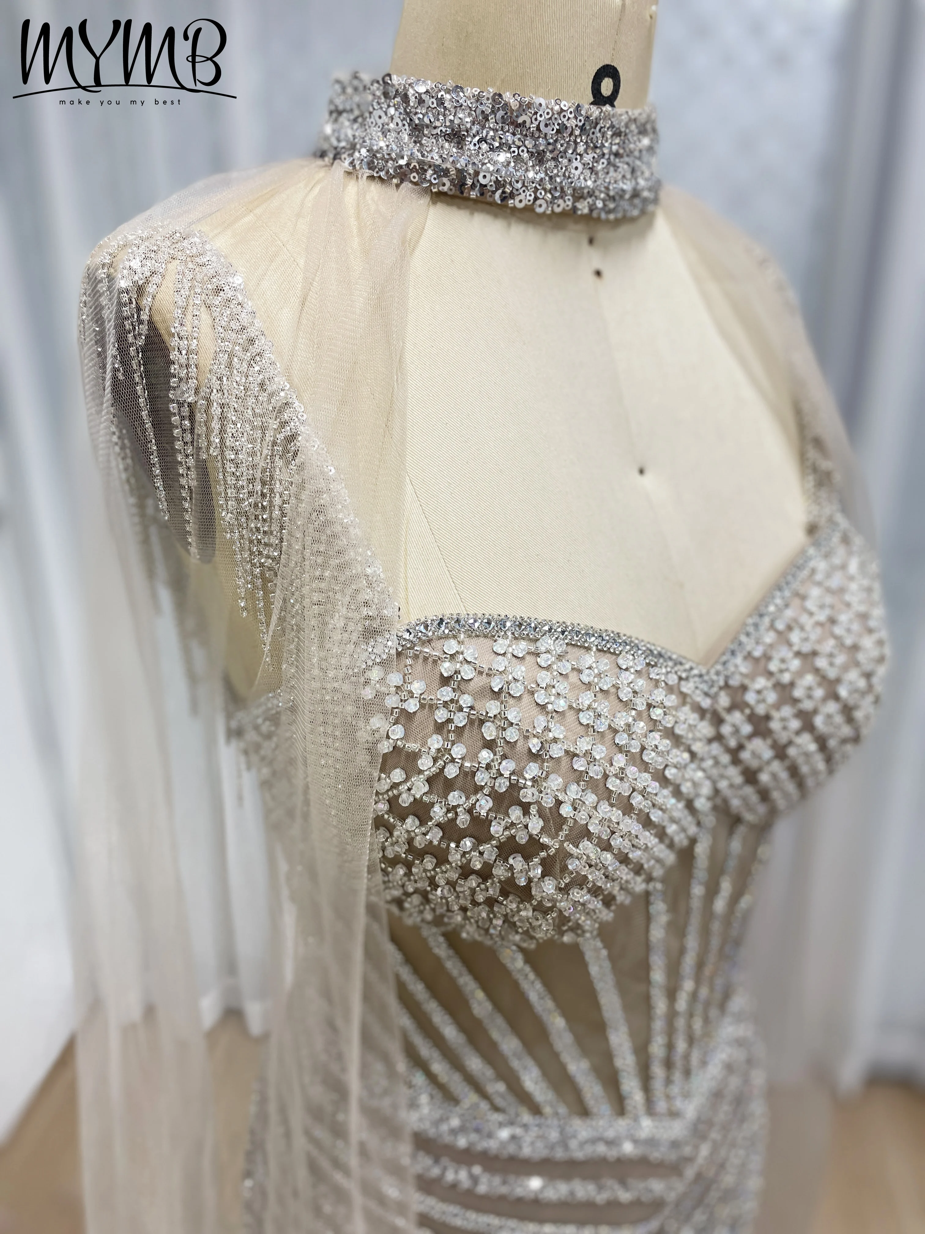 MYMB Spaghetti Strap Long BLUE Mermaid Beaded Cape With Sleeves Evening Dresses Gowns for Women Wedding Party Customized MB40394