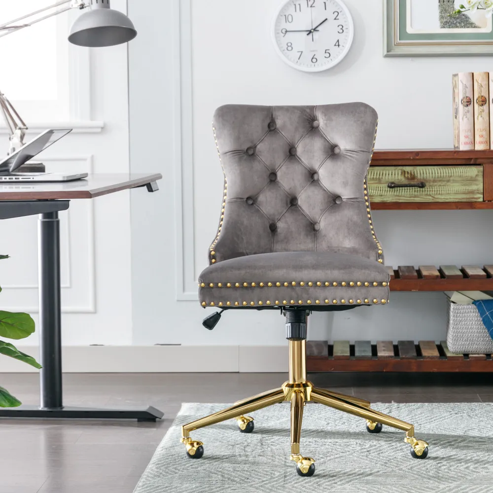 Office Chair,Velvet Upholstered Tufted Button Home Office Chair Golden Metal Base,Adjustable Desk Chair Swivel Office Chair Gray