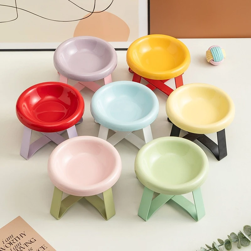Nordic Macaron Ceramic Cat Bowl Elevated Neck Protective Anti Spill Pet Feeding Bowl Cat Food Water Dish for Household