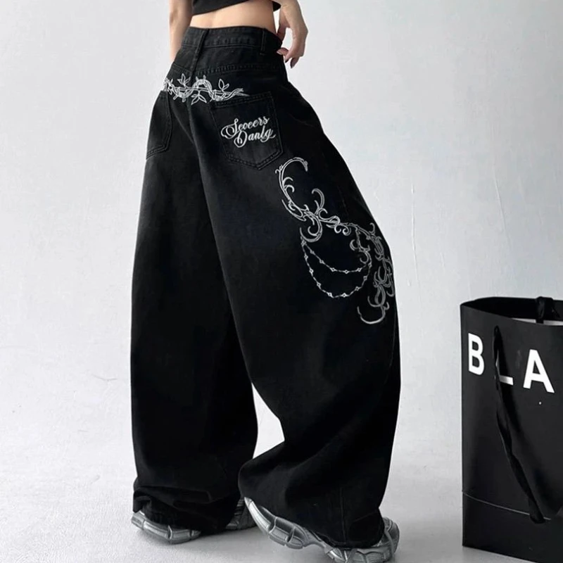 

American Retro Embroidery Machete Jeans Female Summer New High Waist Loose Thin Baita Draped Wide Leg Pants Ins Tide Black Jeans