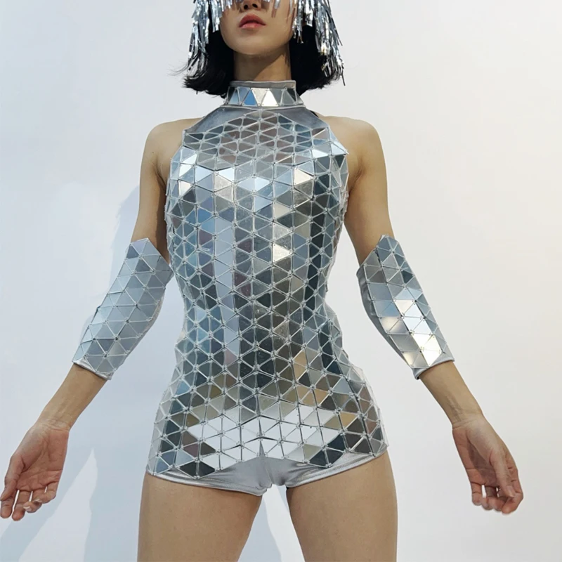 Body espelhado prateado costurado à mão feminino, roupas de dança de poste, lente rave, bar, dj, palco, performance de dança, roupas gogo