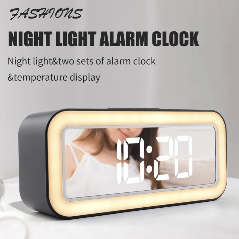 Large LED Night Light Mirror Digital Alarm Clock Thermometer Type-C USB Output 12/24H Display Table Dual Snooze Sound Alarms