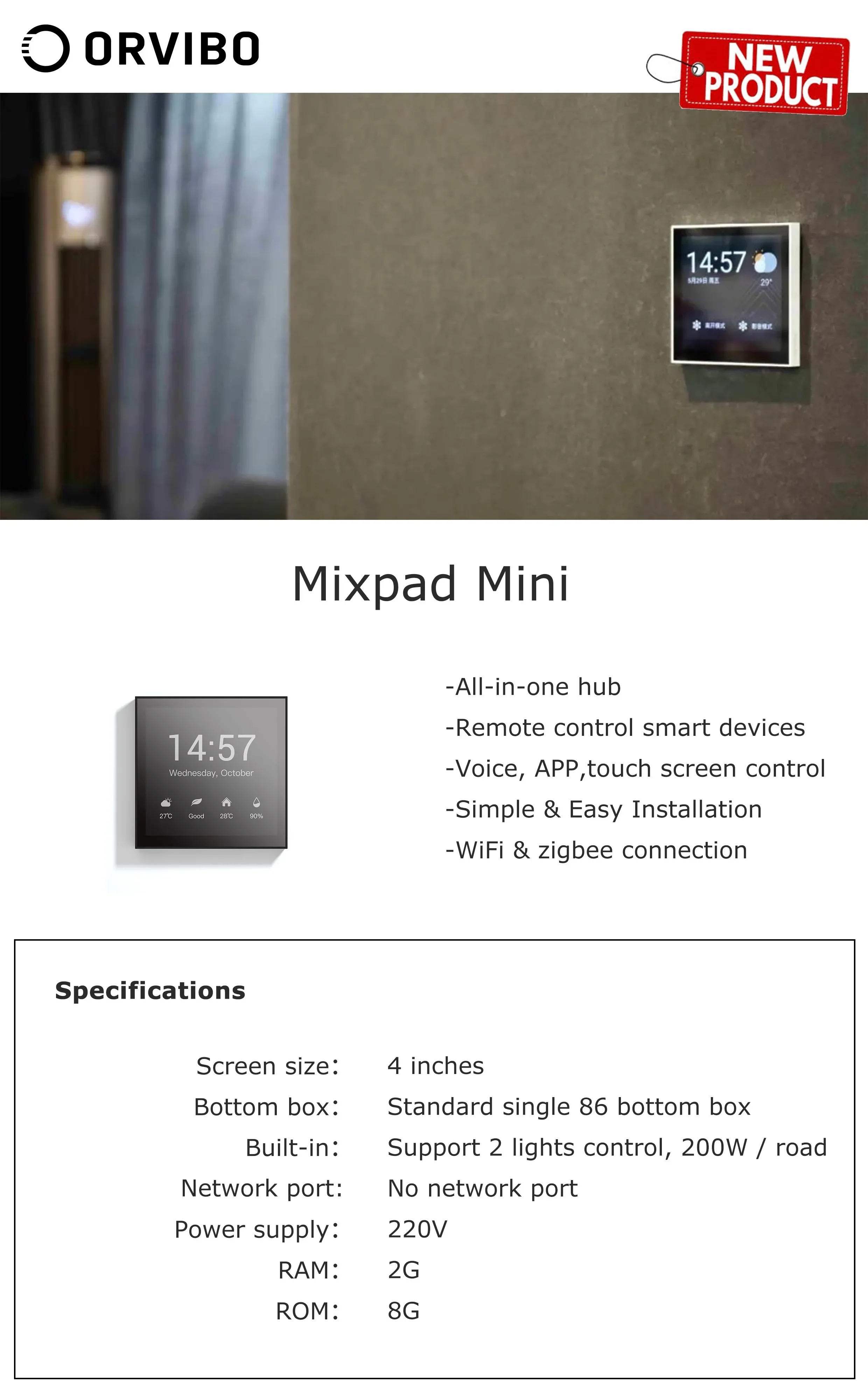 ORVIBO  MixPad Mini supper smart gateway Hub One panel can control multiple lights, turn off all lights with one button, and no