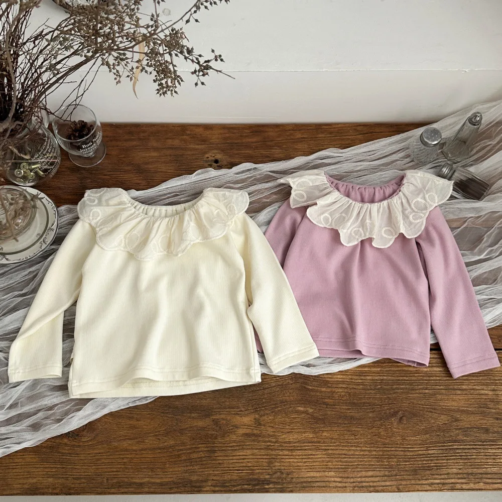 2026 Autumn New Baby Long Sleeve T Shirts Girls Large Lace Collar Bottoming Shirts Cotton Toddler Sweet Tops Infant Clothes