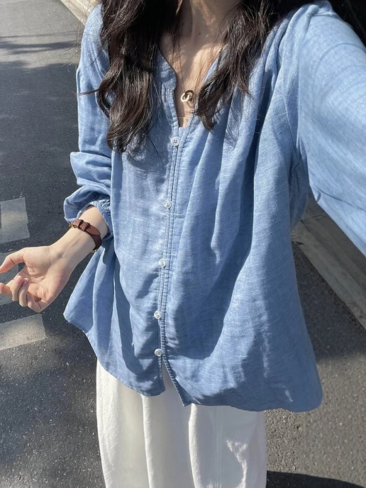 Retro Japanese Blue V-Neck Long Sleeve Women's Shirt Summer Lazy Style Outerwear Sun Protection Loose Cover-Up Top