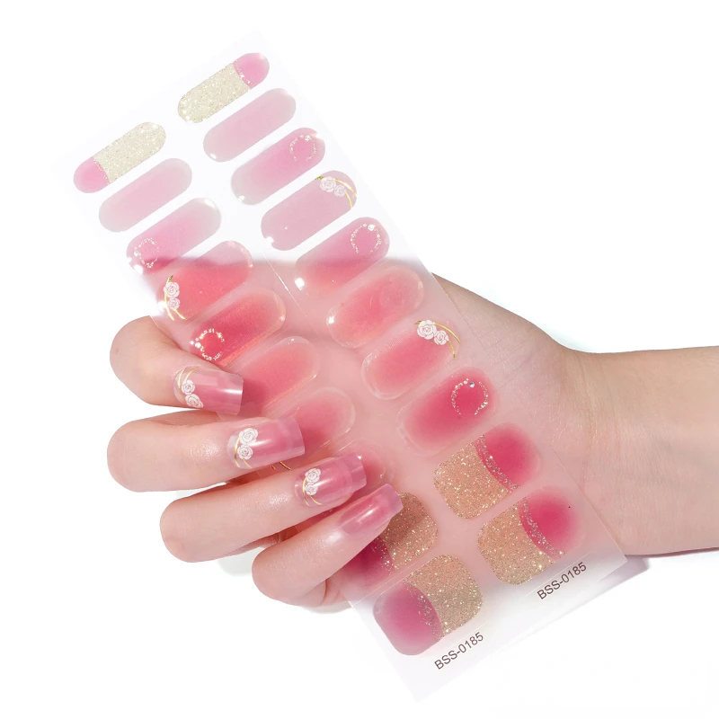 

Полузатвердевающий Гель-лак для ногтей, наклейки для ногтей с УФ/светодиодной лампой, необходимые слайдеры клея с цветами, стойкие, полное покрытие, 20/16 типсов/лист