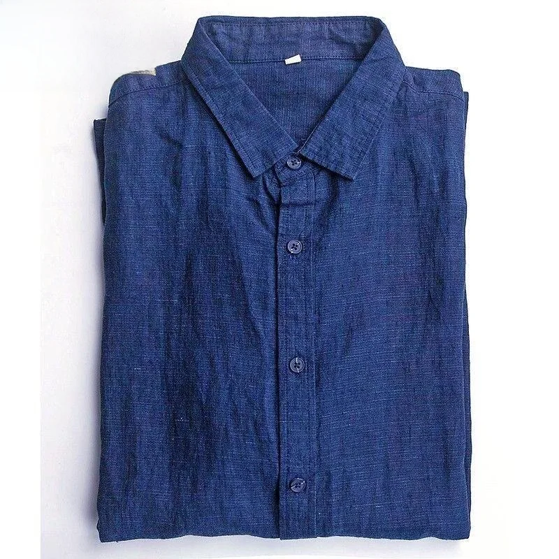 Pure Flax Long Sleeve Shirt Men's Slim Fit Breathable High-End Stand Collar Citywalk Summer Skin-friendly Lightweight Button up